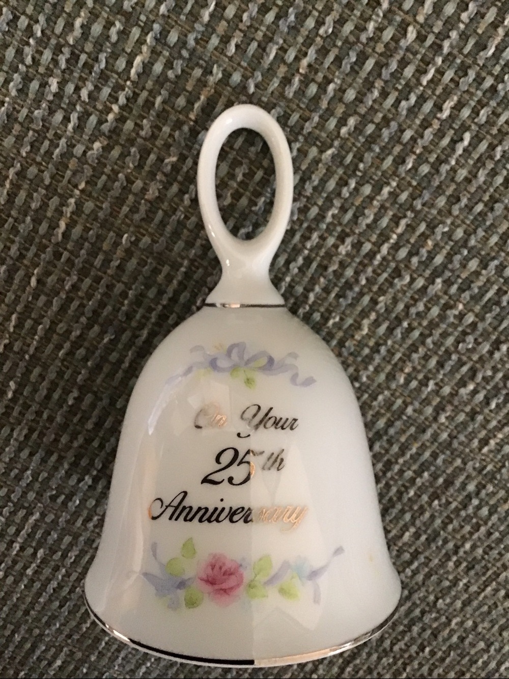 Russ White Porcelain 25th Anniversary Bell with Pink Rose and Silver trim